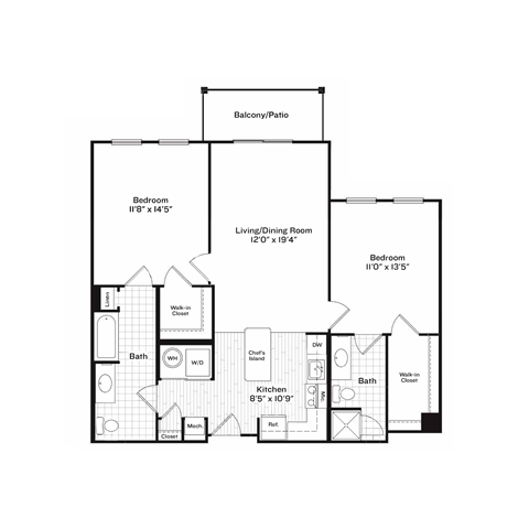 Floor plan for 2 beds, 2 baths, 1039 sqft